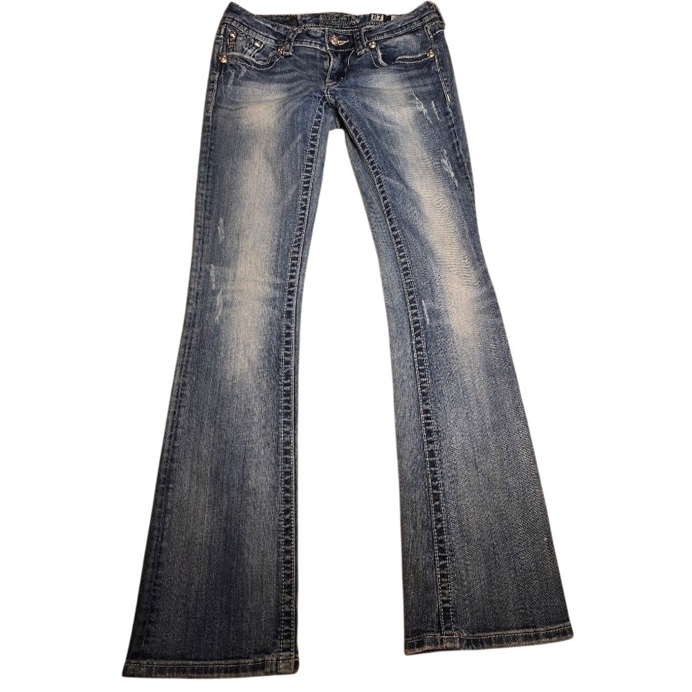 Miss Me Bootcut Jeans JW5367B3 Blue Distressed Rhinestone Embroidered Size 27